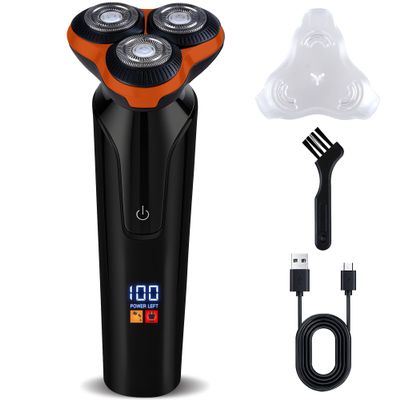 Electric Razor for Men, Men's Electric Shaver, 3-Blade Rotary Shaving System, Type-C Fast Charging, LED Display, Waterproof Wet Dry Cordless Razor (Orange)