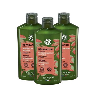 Yves Rocher Shampoo Nourishing & Restoring Jojoba Oil Deep Hydration & Repair Silicone-Free - 300 ml / 10.1 fl oz Set of 3