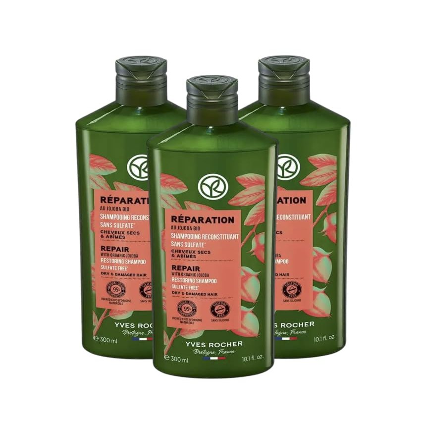 Yves Rocher Shampoo Nourishing & Restoring Jojoba Oil Deep Hydration & Repair Silicone-Free - 300 ml / 10.1 fl oz Set of 3