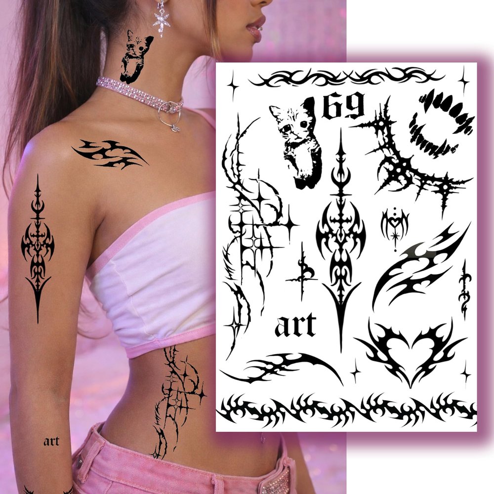 Neotribal Cybersigilism Temporary Tattoos - Sad Cat Y2K Tramp Stamp Fake Tattoo Stickers for Women and Men, 21x15cm, Lasts up to 7 Days (Cybersigilism 69)