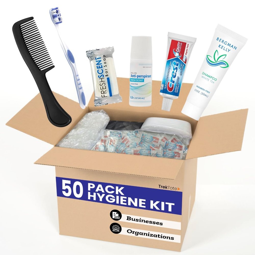 TrekTote 50 Pack Assemble Your Own Hygiene Kit, Bulk Hygiene Essentials, Travel Size Toiletries Set with Comb, Toothbrush, Toothpaste, Shampoo, Deodorant, Bag and More