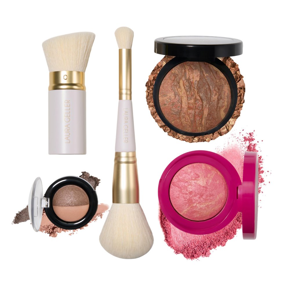 LAURA GELLER NEW YORK Holiday Daily Routine Kit | Deep | Limited Edition Makeup Set | Includes Baked Foundation for Mature Skin, Exclusive Blush, Eyeshadow, Retractable Kabuki Brush