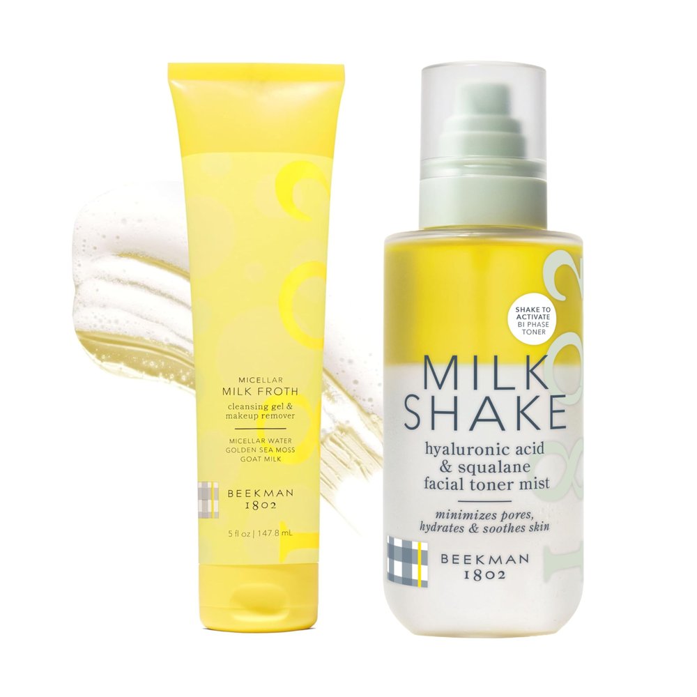 Beekman 1802 Milk Shake Hydrating Face Mist (8 fl oz) + Micellar Milk Froth Gel to Foam Cleanser (5 fl oz)