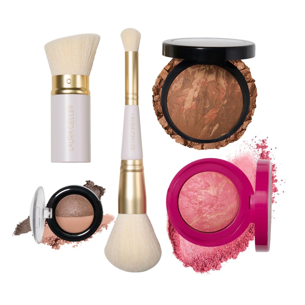 LAURA GELLER NEW YORK Holiday Daily Routine Kit | Toffee | Limited Edition Makeup Set | Includes Baked Foundation for Mature Skin, Exclusive Blush, Eyeshadow, Retractable Kabuki Brush