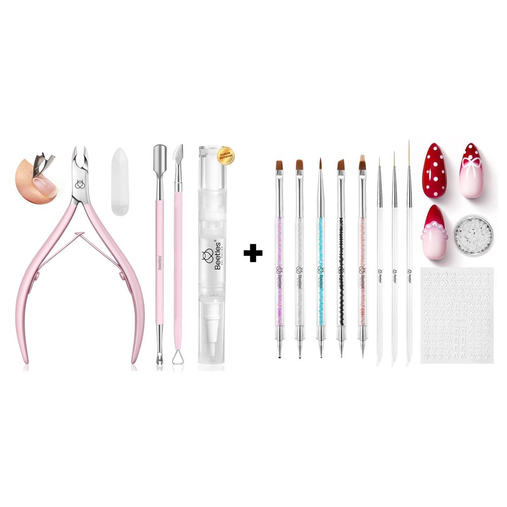 Beetles Manicure Kit for Women with Cuticle Remover, 3 PCS Pink Mani & Nail Art Brushes 8pcs Crystal Nail Art Tools 5pcs Double-headed Nail