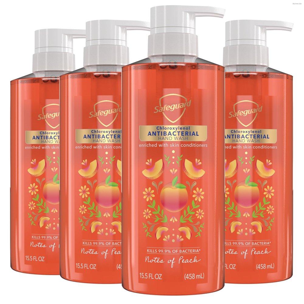 Safeguard Antibacterial Liquid Hand Soap, Micellar Deep Cleansing, Washes Away 99% Bacteria, Made with Natural Moisturizers & Skin Conditioners, PH Balanced, Peach Scent 15.5 oz (Pack of 4)