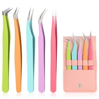 5pcs Eyelash Extension Tweezers High PrecisionStraight and Curved Volume Lash Tweezers for Extensionslash tweezers for eyelash extensions Crafting Girls Women Beginners