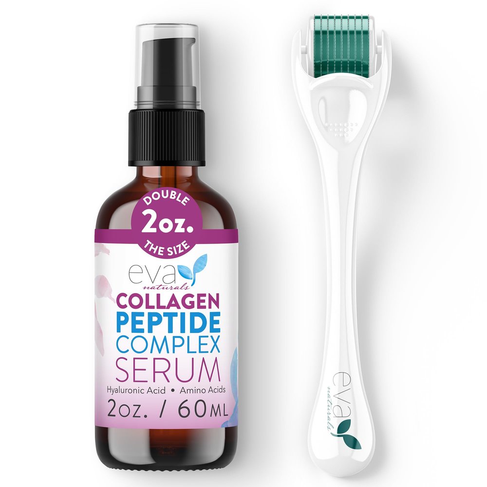 Eva Naturals Peptide Complex Serum + Microneedle Derma Roller - 0.25mm Titanium Derma Tool for Face & Scalp with Peptide Facial Serum & Derma Roller Bundle