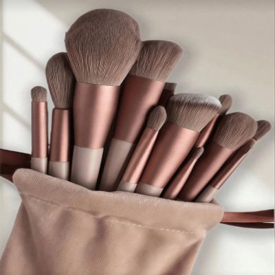 13Pcs Brown Makeup Brush Set With Luxury Travel Pouch - Soft Fluffy Brushes For All Makeup Steps, Perfect For Summer Travel/Vacation/Beach.