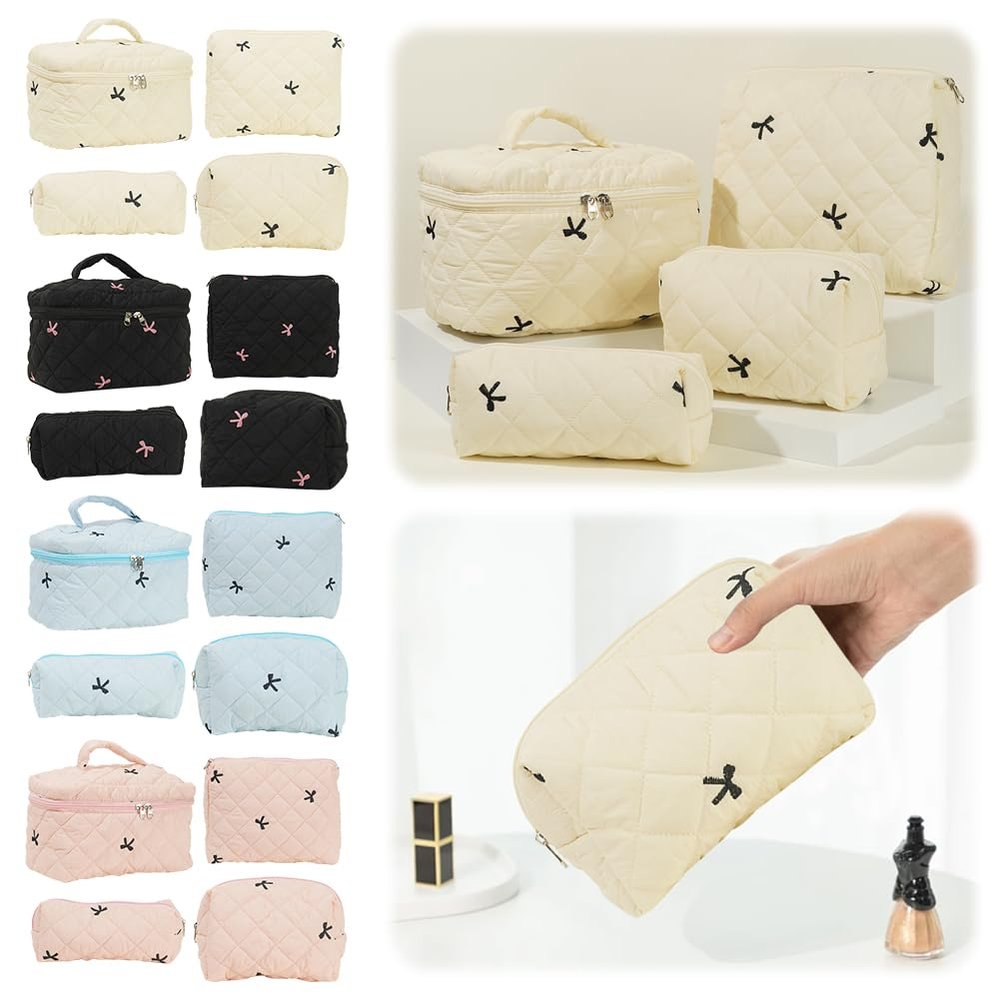 4 Pcs Quilted Makeup Bag Embroidered Women Cosmetic Bag for Travel (Black)