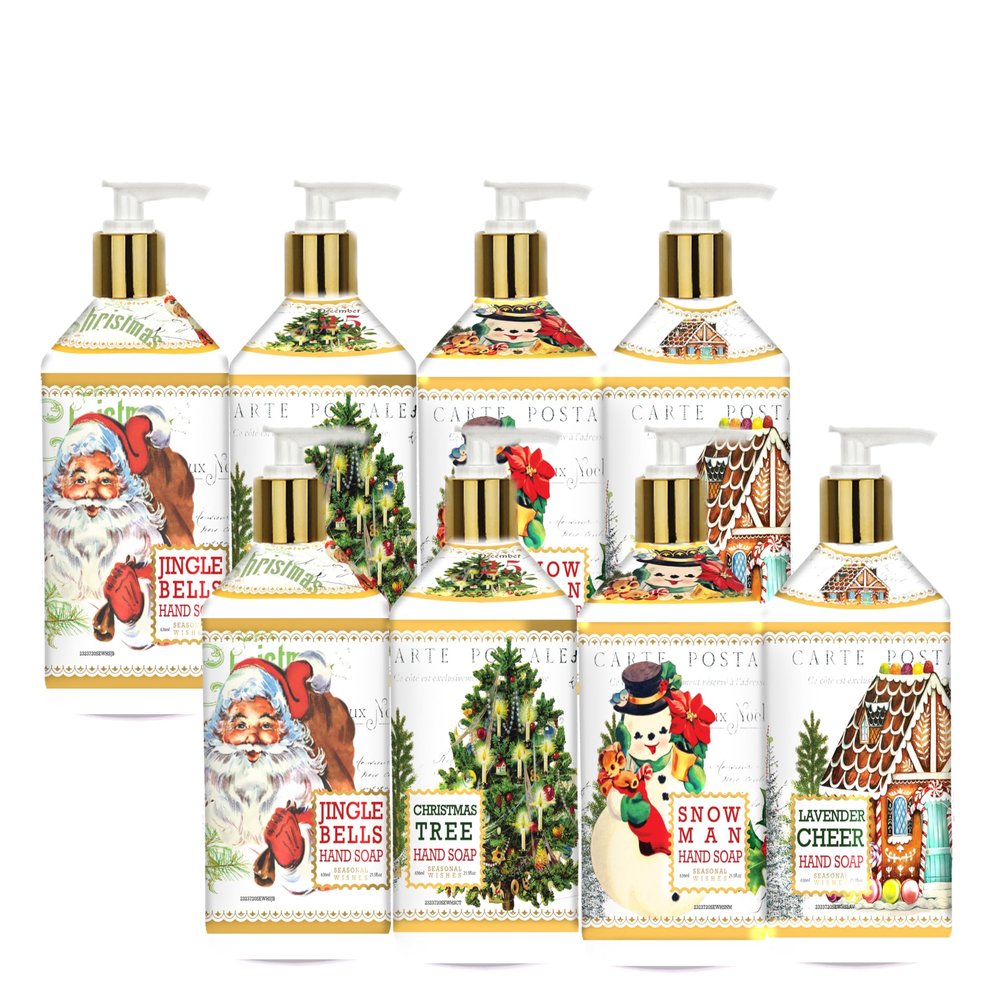 Seasonal Wishes Holiday Hand Soap 21.5oz 8 pack, Holiday Scents - Jingle Bells, Christmas Tree, Snow Man, Lavender Cheer, Home and Body Company