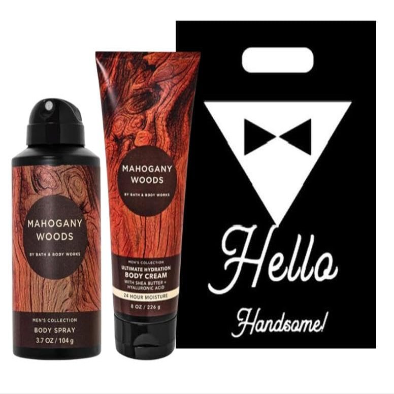 Mahogany Woods - Bath/Body Works - Men's Collection - 2 Piece Bundle - Spray - Body Cream with Diamond Soap and Gift Bag