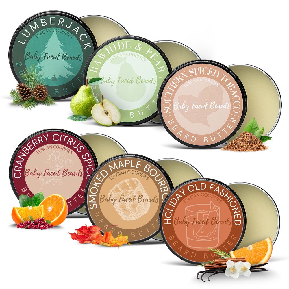 Tuscan Cooper's Baby Faced Beards Butter For Men - 6 Pack Bundle, Various Scents - Moisturizing Beard Balm Cream and Softener for All Hair Types Including Coarse Hair