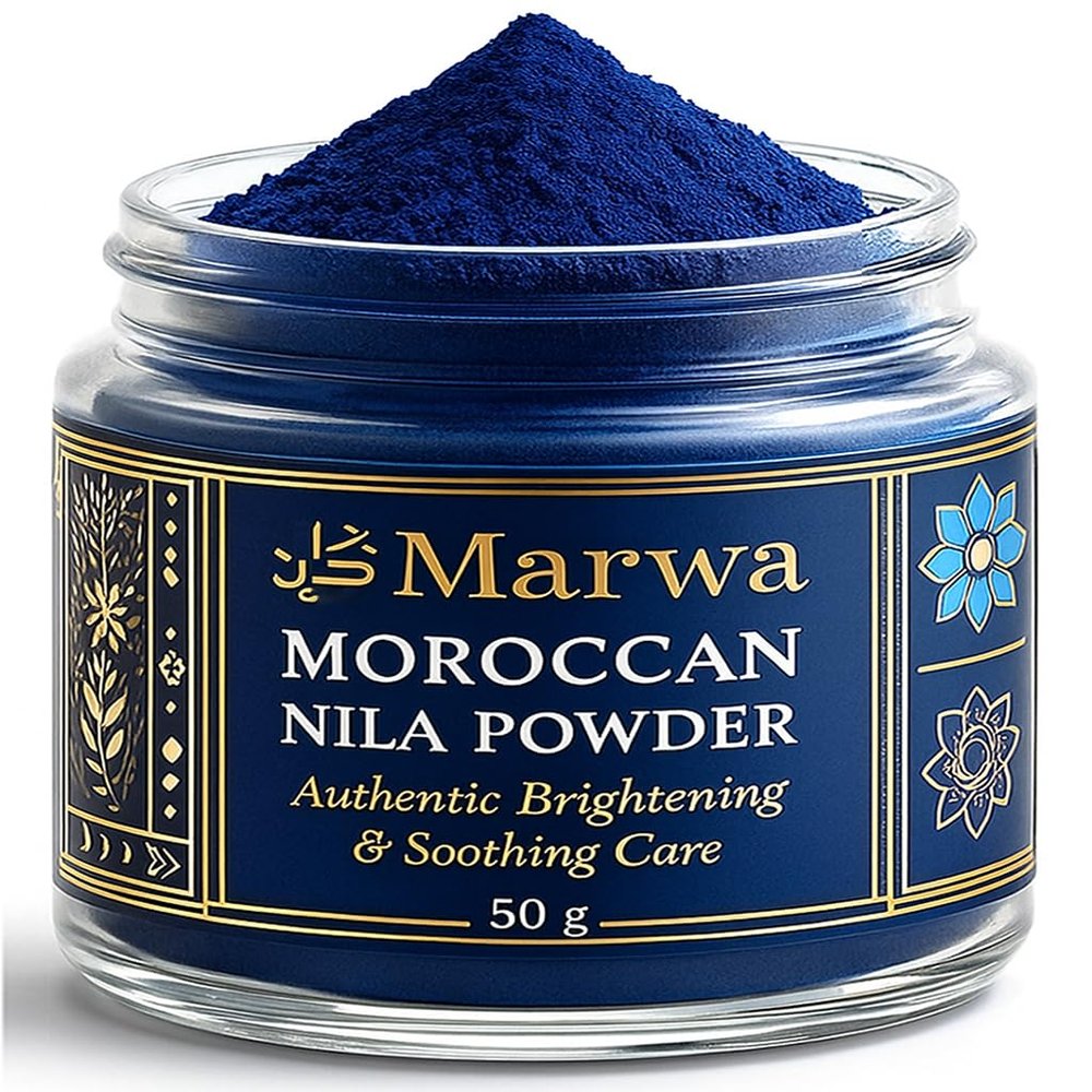 Dar Marwa Moroccan Nila Powder | 100% Pure Saharan Indigo | Brightens & Evens Skin Tone | Face & Body Blue Clay Mask | Traditional Moroccan Skincare | 1.7 Oz