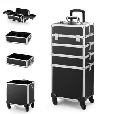 Shoppin Beauty Rolling Makeup Train Case, 4-in-1 Professional Cosmetic Organizer with Drawers, Wheeled Storage Trunk, Black