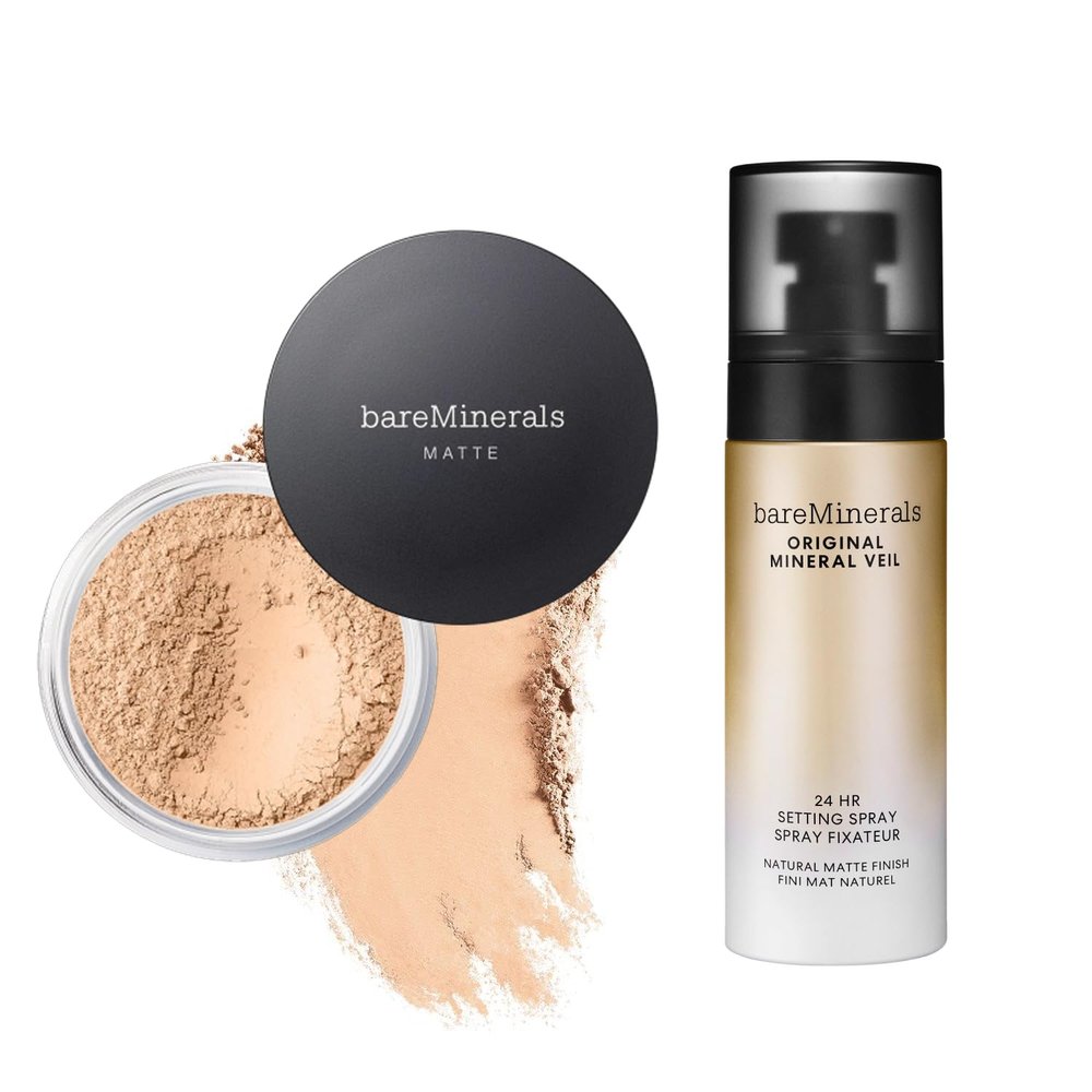 bareMinerals Original Matte Loose Powder Foundation SPF 15, Clean Mineral Powder Face Makeup, Sheer-to-Full Coverage, Reduces Shine, Talc-Free, Non-Comedoge + Mineral Veil Natural Matte Setting Spray