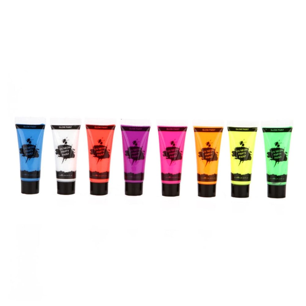 Mikinona 8pcs Glow Dark Face Paint Safe UV Reactive Bodypaint for Skin Non-toxic Easy to Clean Fluorescent Colors for Party Festival Cosplay