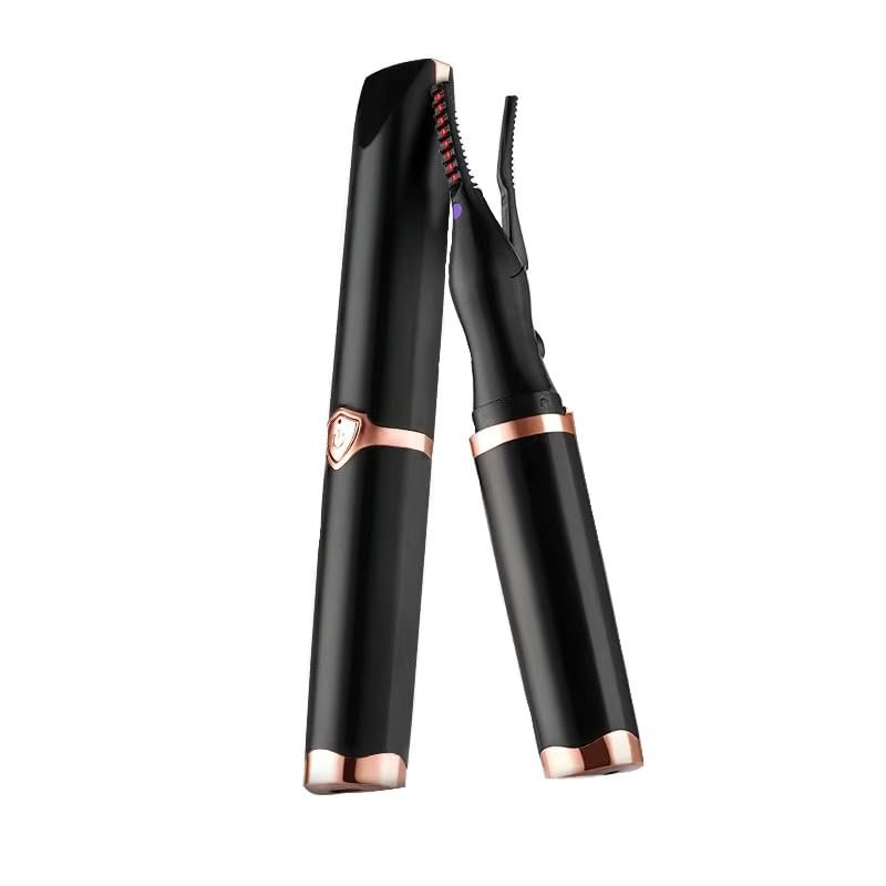 2-in-1 Women's Heated Eyelash Curler - 10s Fast Heat, 3-Temperature (50-80), Anti-Scald Comb, 24H Curl, USB-C Rechargeable, Portable Travel Makeup Tool (Black)