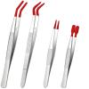 4Pcs Stainless Steel Precision Tweezers Set with Silicone Rubber Tips  Flat Tip & Bent Tip Non-Marring Tools for Beauty, Crafts, Jewelry, Electronics, Eyelash Extensions (Red 4Pcs) view 1