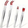 4Pcs Stainless Steel Precision Tweezers Set with Silicone Rubber Tips  Flat Tip & Bent Tip Non-Marring Tools for Beauty, Crafts, Jewelry, Electronics, Eyelash Extensions (Red 4Pcs) view 3