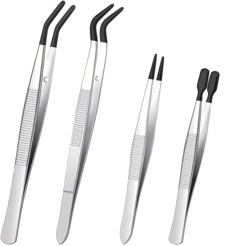 4Pcs Stainless Steel Precision Tweezers Set with Silicone Rubber Tips  Flat Tip & Bent Tip Non-Marring Tools for Beauty, Crafts, Jewelry, Electronics, Eyelash Extensions (Black 4 pcs)