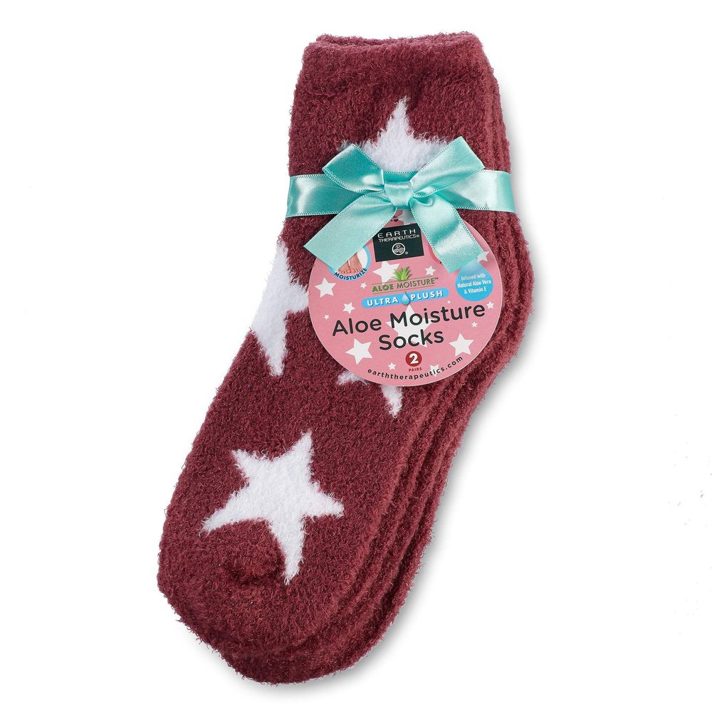 Earth Therapeutics Aloe Socks - 2 Pack - Stars/Burgundy
