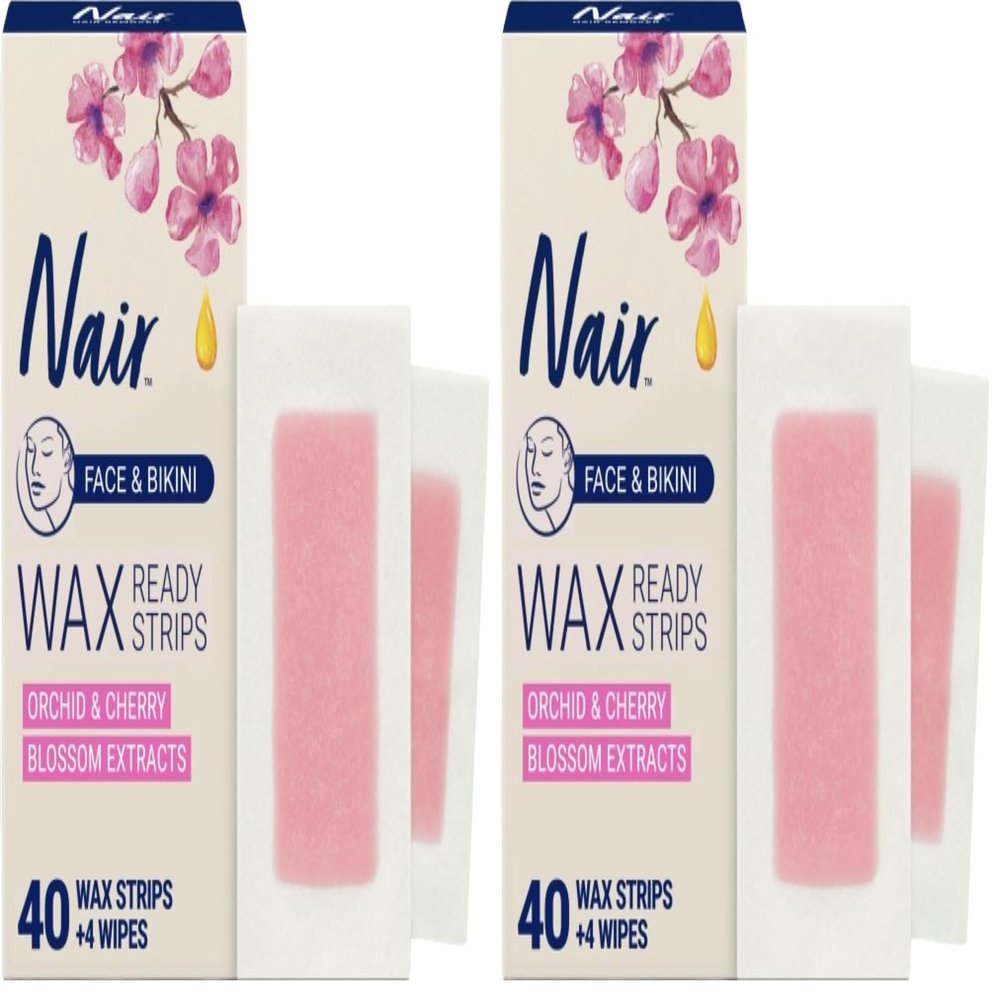 Nair Hair Remover Wax Ready Strips, Face and Bikini Hair Removal Wax Strips, 40 Count (Pack of 2)
