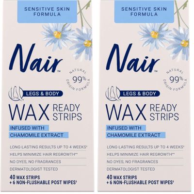 Nair Sensitive Hair Remover Mess-Free Wax Ready Strips, Legs and Body Easy Hair Removal Wax Strips for Sensitive Skin, Chamomile Extract, Dermatologist Tested, Plus 6 Post Wipes, 40 Count (Pack of 2)