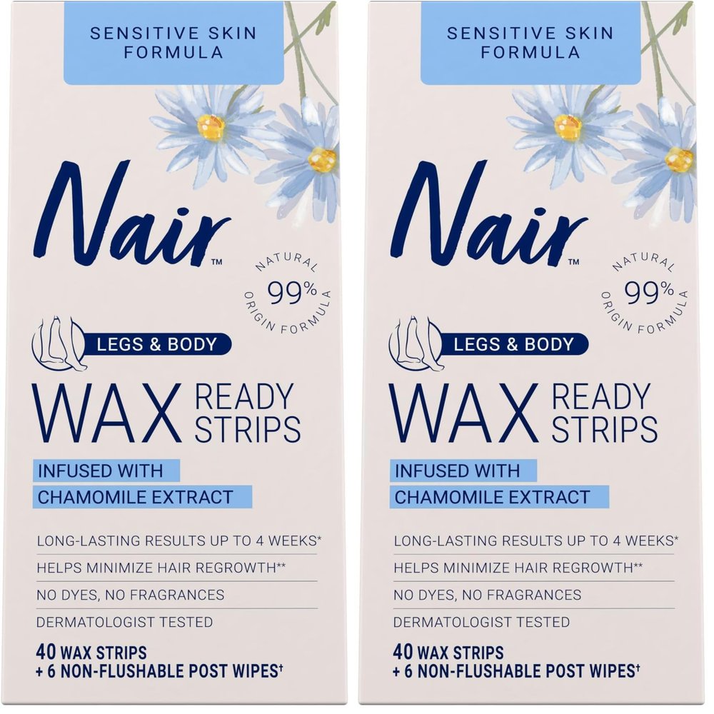 Nair Sensitive Hair Remover Mess-Free Wax Ready Strips, Legs and Body Easy Hair Removal Wax Strips for Sensitive Skin, Chamomile Extract, Dermatologist Tested, Plus 6 Post Wipes, 40 Count (Pack of 2)