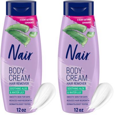 Nair Body Cream Hair Remover, Soothing Aloe and Water Lily, Dermatologist Tested Body Hair Removal Cream, with Evolved Ingredients, 12 Oz (Pack of 2)