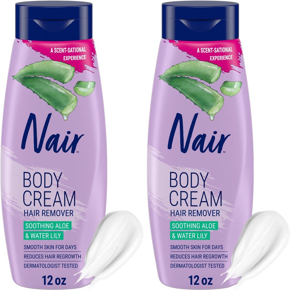 Nair Body Cream Hair Remover, Soothing Aloe and Water Lily, Dermatologist Tested Body Hair Removal Cream, with Evolved Ingredients, 12 Oz (Pack of 2)