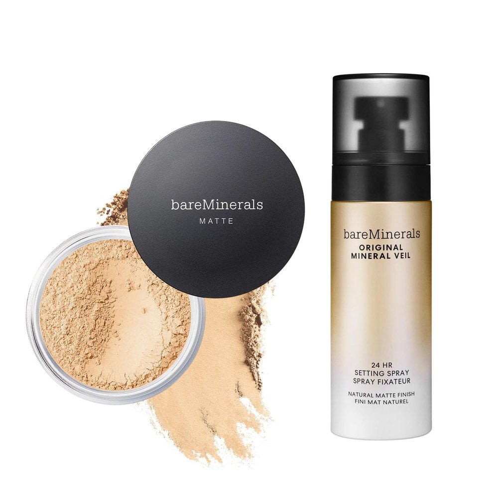 bareMinerals Original Matte Loose Powder Foundation SPF 15, Clean Mineral Powder Face Makeup, Sheer-to-Full Coverage, Reduces Shine, Talc-Free, Non-Comedoge + Mineral Veil Natural Matte Setting Spray