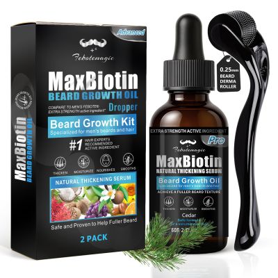 FEBOTE Biotin Beard Growth Kit for Men with Conditioning Oil and 0.25mm Massager Roller, Cedar Serum with Castor and Jojoba Oil, Grooming Softer Thicker Healthier-Looking Mustache Beard Care