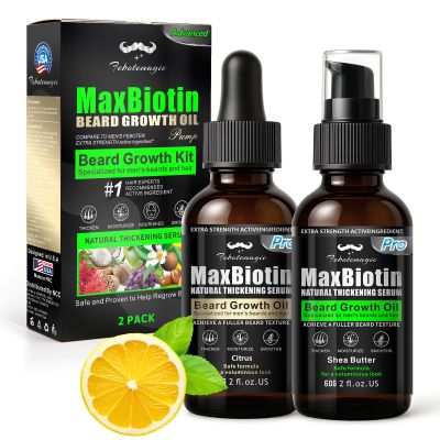 FEBOTE Biotin Beard Growth Oil for Men - 2 Pack Natural Conditioning Oil with Castor & Jojoba | Scented with Citrus & Shea Butter | Softens, Thickens, Moisturizes | Premium Beard Gift Set 2 OZ Each