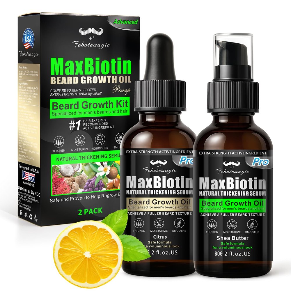 FEBOTE Biotin Beard Growth Oil for Men - 2 Pack Natural Conditioning Oil with Castor & Jojoba | Scented with Citrus & Shea Butter | Softens, Thickens, Moisturizes | Premium Beard Gift Set 2 OZ Each