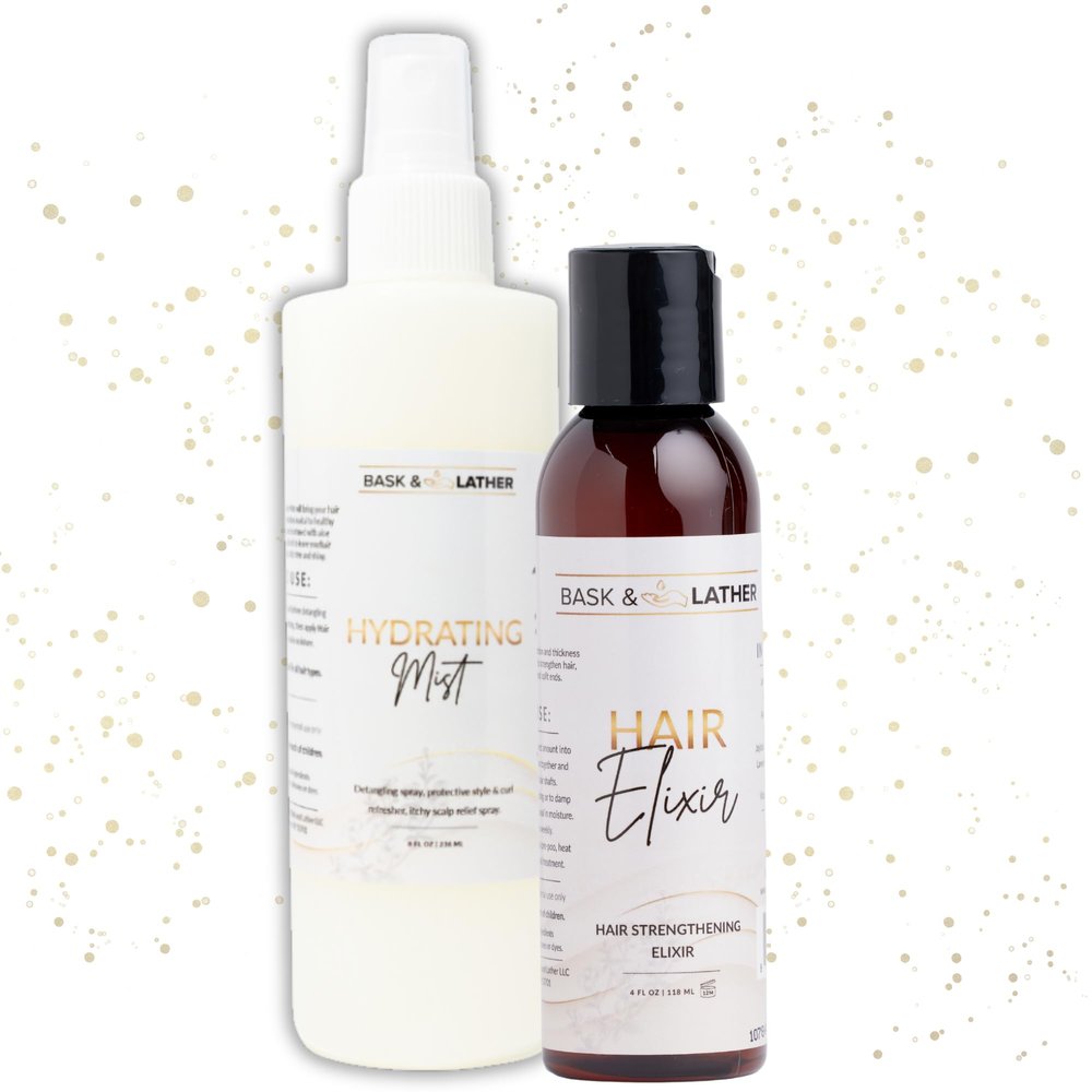 BASK & LATHER Hydrating Hair Mist (8 oz) & Elixir Oil (4 oz) Bundle  Leave-In Conditioner + Jamaican Black Castor Oil for Growth, Moisture, Detangling, Scalp Relief & Strength