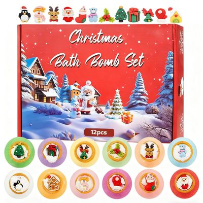 Christmas Surprise Bath Bombs Set, 12 PCS Handmade Bubble Bath Bombs with Hidden Toys Inside for Cute Boys and Girls, Moisturizing Fizzies with Cheerful Scents, Holiday Gingerbread Spa Gift Set.