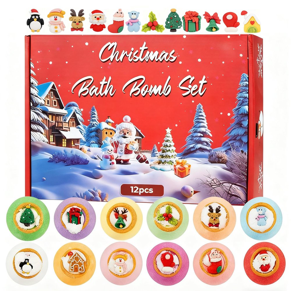 Christmas Surprise Bath Bombs Set, 12 PCS Handmade Bubble Bath Bombs with Hidden Toys Inside for Cute Boys and Girls, Moisturizing Fizzies with Cheerful Scents, Holiday Gingerbread Spa Gift Set.