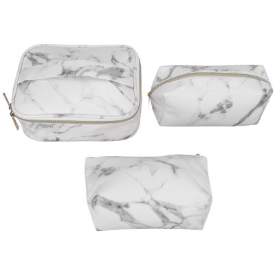 3Pcs Women Cosmetic Set, Marble Print Makeup, PU Leather Cosmetic Storage with Golden, Large Medium Small Travel for Daily Cosmetics Brush Sets Jewelry