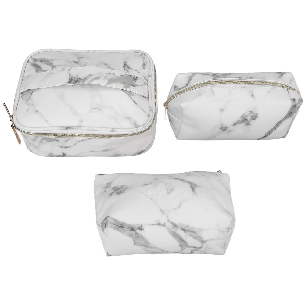 3Pcs Women Cosmetic Set, Marble Print Makeup, PU Leather Cosmetic Storage with Golden, Large Medium Small Travel for Daily Cosmetics Brush Sets Jewelry