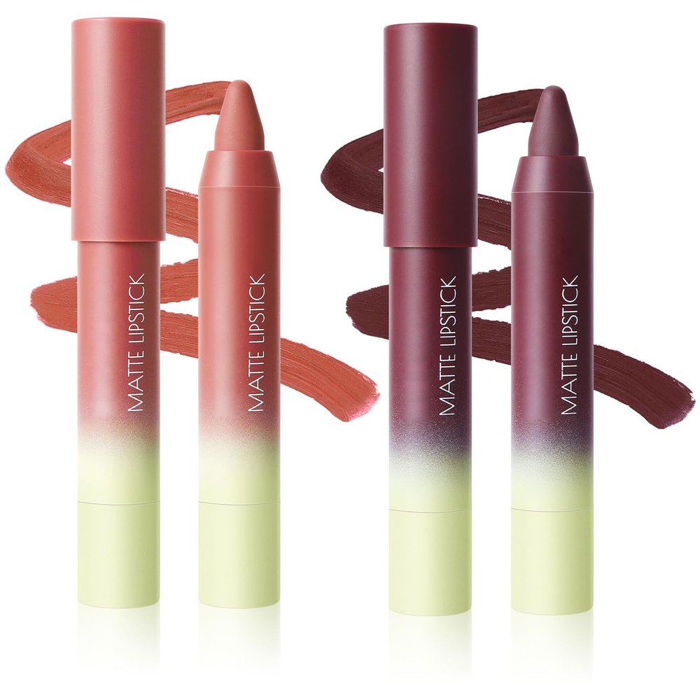 BERALLOYE 2PCS Matte Lipstick Crayon Set for Women, Longwear Waterproof Velvet Lip Crayons, Matte lipstick Smudge Proof,Women's Long Lasting Lip Makeup (Set 02#+06#)