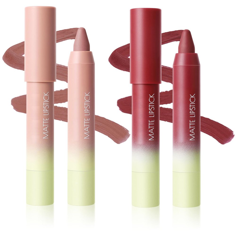 BERALLOYE 2PCS Matte Lipstick Crayon Set for Women, Longwear Waterproof Velvet Lip Crayons, Matte lipstick Smudge Proof,Women's Long Lasting Lip Makeup(Set 01#+05#)