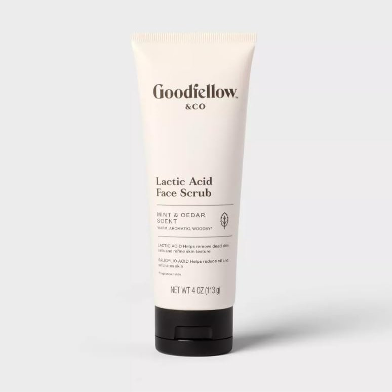 Goodfellow & Co Face Scrub with Lactic Acid & Apricot Oil 4 fl oz Gentle Daily Face Exfoliator for Smooth Skin, Mint & Cedar Scent (Single Unit)