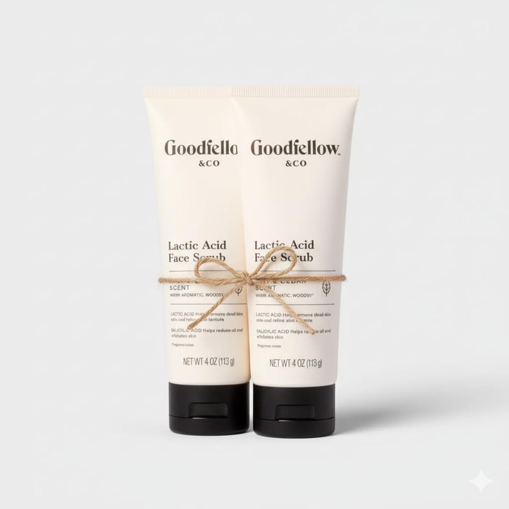 Goodfellow & Co Face Scrub with Lactic Acid & Apricot Oil 4 fl oz  Gentle Daily Face Exfoliator for Smooth Skin, Mint & Cedar Scent (Bundle of 2)