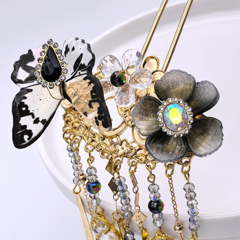 1pcs Rabithenn Elegant 3-Tier Lotus Hair Stick, Transparent Multicolor Resin Flower Hair Pin for Women, Japanese Chinese Bun Updo Hairstyle Accessory(Black Butterfly)