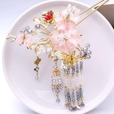 1pcs Rabithenn Blush Pink Peach Blossom Hairpin with Butterfly and Tassel - Chinese Spring Inspired Floral Hair Stick, Vintage Asian Hair Accessory for Women(Peach Blossom right)