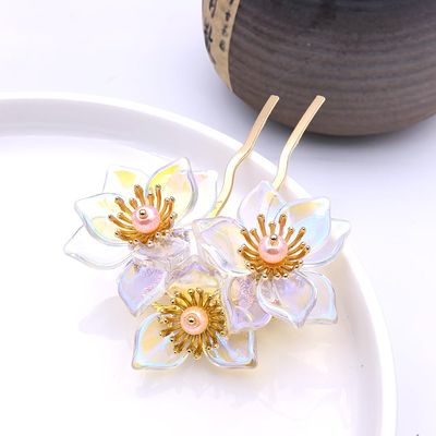 1pcs Rabithenn Rainbow Petal Hairpin with Three Yellow-Stamen Flowers - Chinese Color Harmony Floral Hair Stick, Vintage Artistic Hair Accessory for Women (Rainbow Lotus)