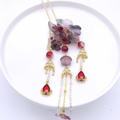 1pcs Rabithenn Purple Butterfly and Peony Hairpin with Red Bead Accent - Chinese Empress Style Floral Hair Stick, Luxury Vintage Hair Accessory for Women(Purple Butterfly)