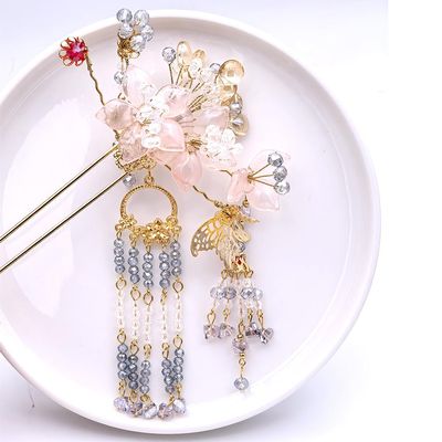 1pcs Rabithenn Blush Pink Peach Blossom Hairpin with Butterfly and Tassel - Chinese Spring Inspired Floral Hair Stick, Vintage Asian Hair Accessory for Women (Peach Blossom left)