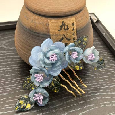 1pcs Rabithenn Light Blue Camellia Hairpin with Purple Centers - Set of 5 Chinese Style Floral Hair Sticks, Vintage Asian Inspired Hair Accessories for Women (Blue Camellia)